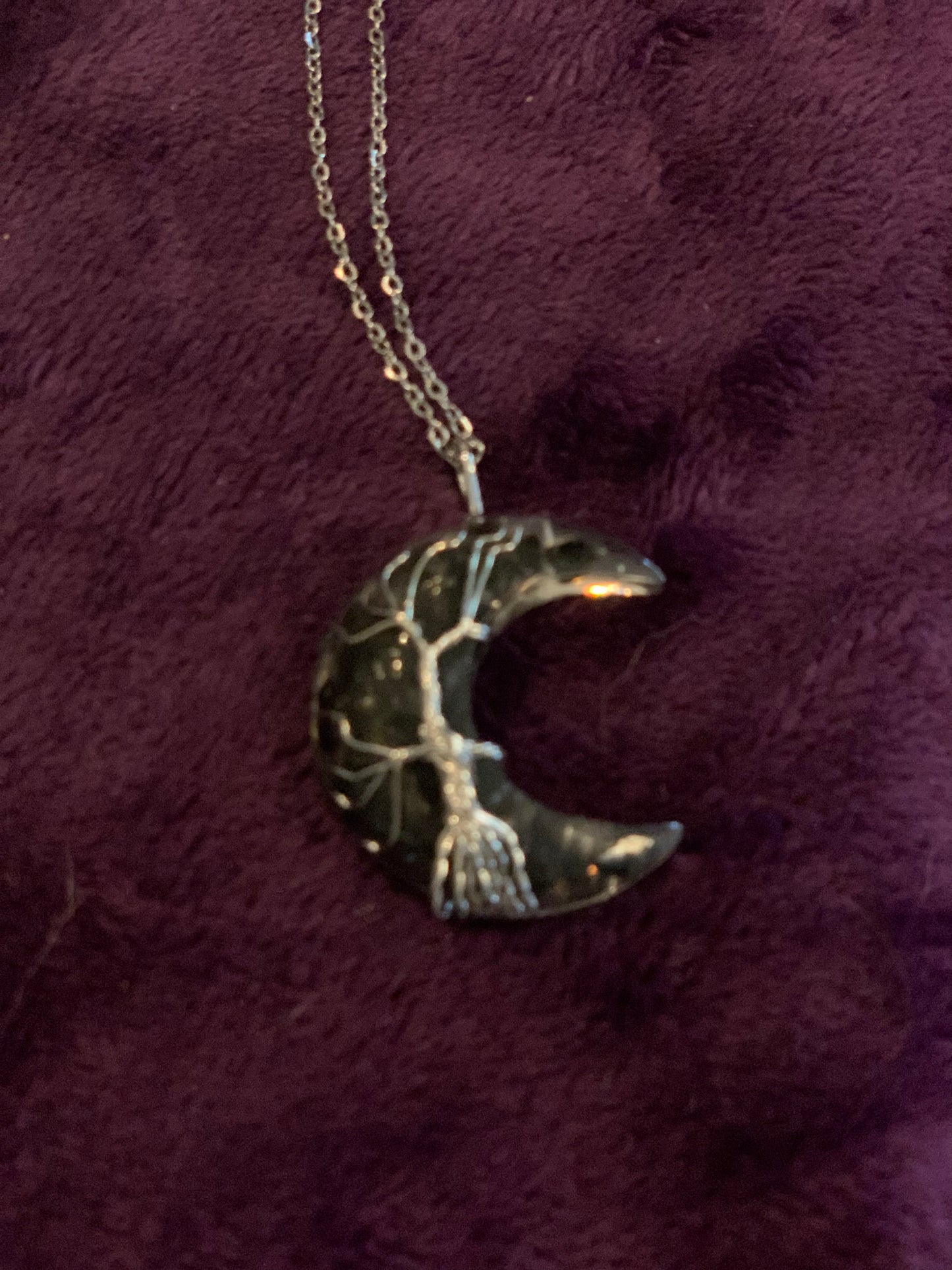 Amethyst Wrapped Silver Wire Moon Pendant
