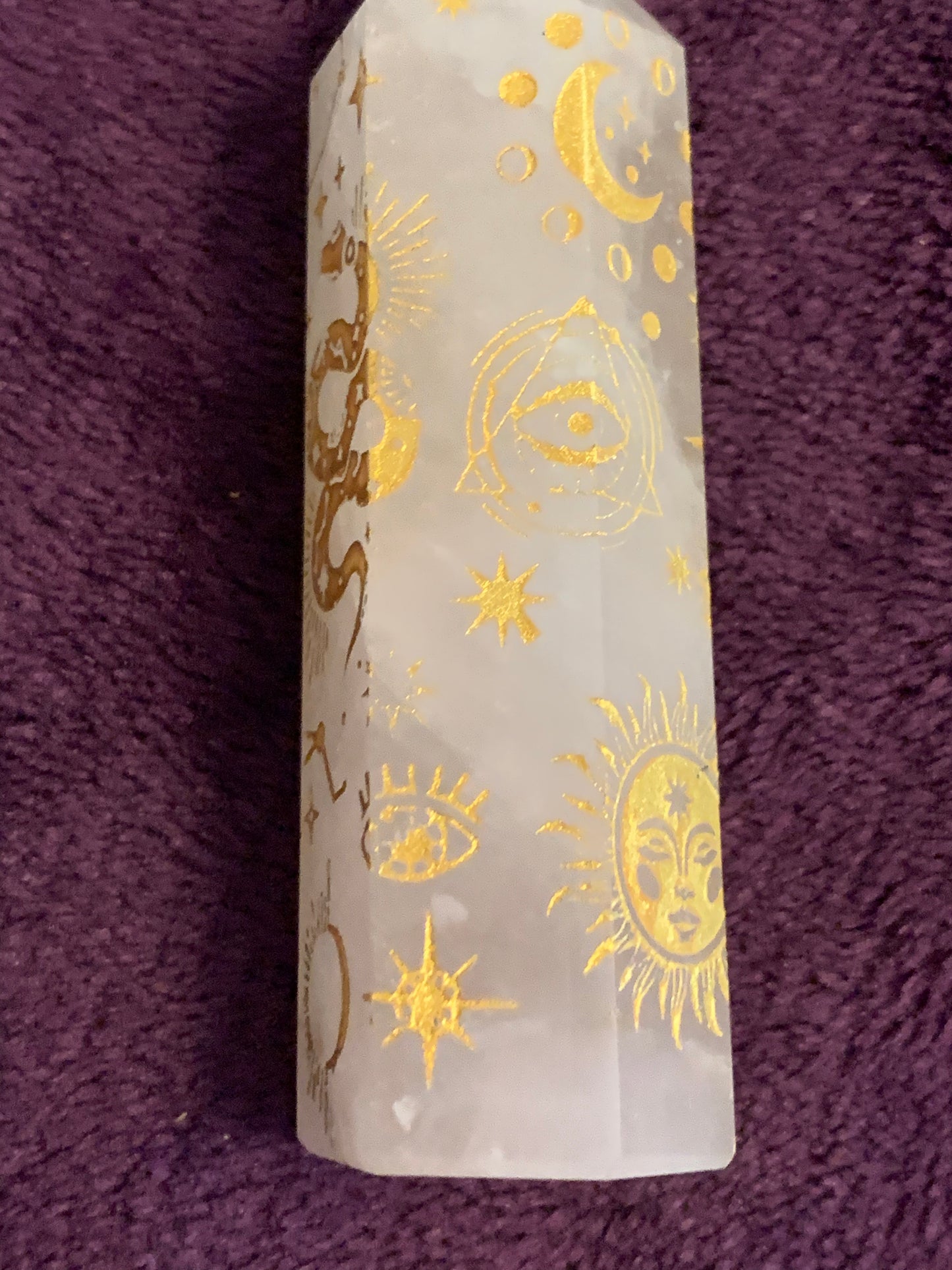 Clear Quartz Tower with Gold Evil Eye and sun etching