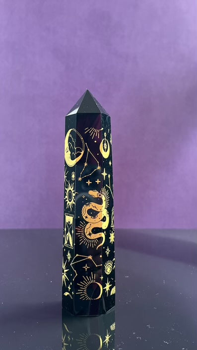 Black Obsidian Tower Golden Engraved Etched