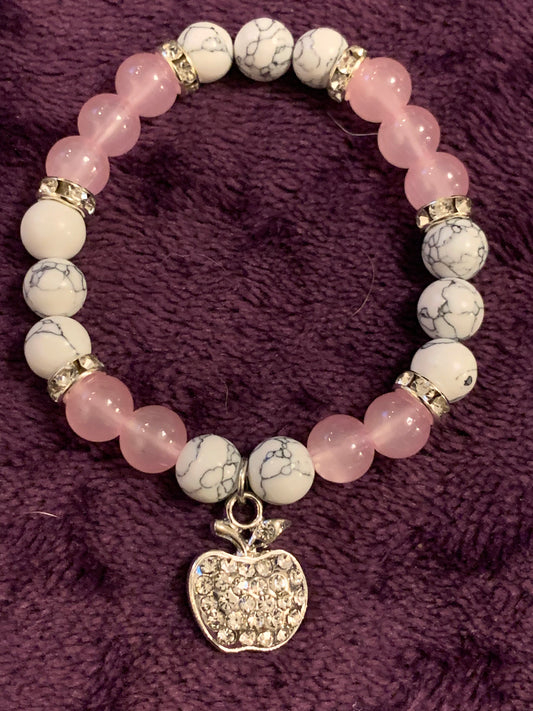 Rose quartz and Howlite " Teachers bracelet" with rhinestone apple charm