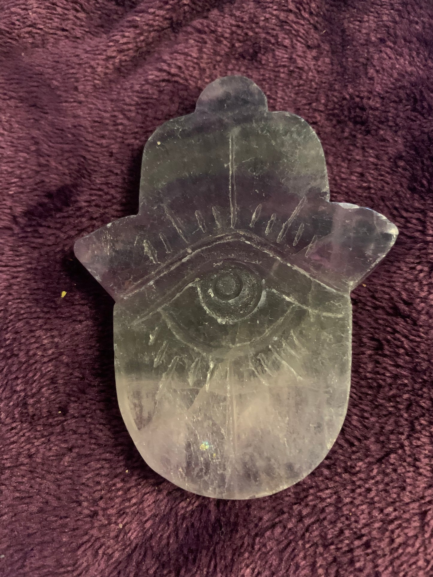 Purple Flourite Hamsa Hand with Evil Eye Carving