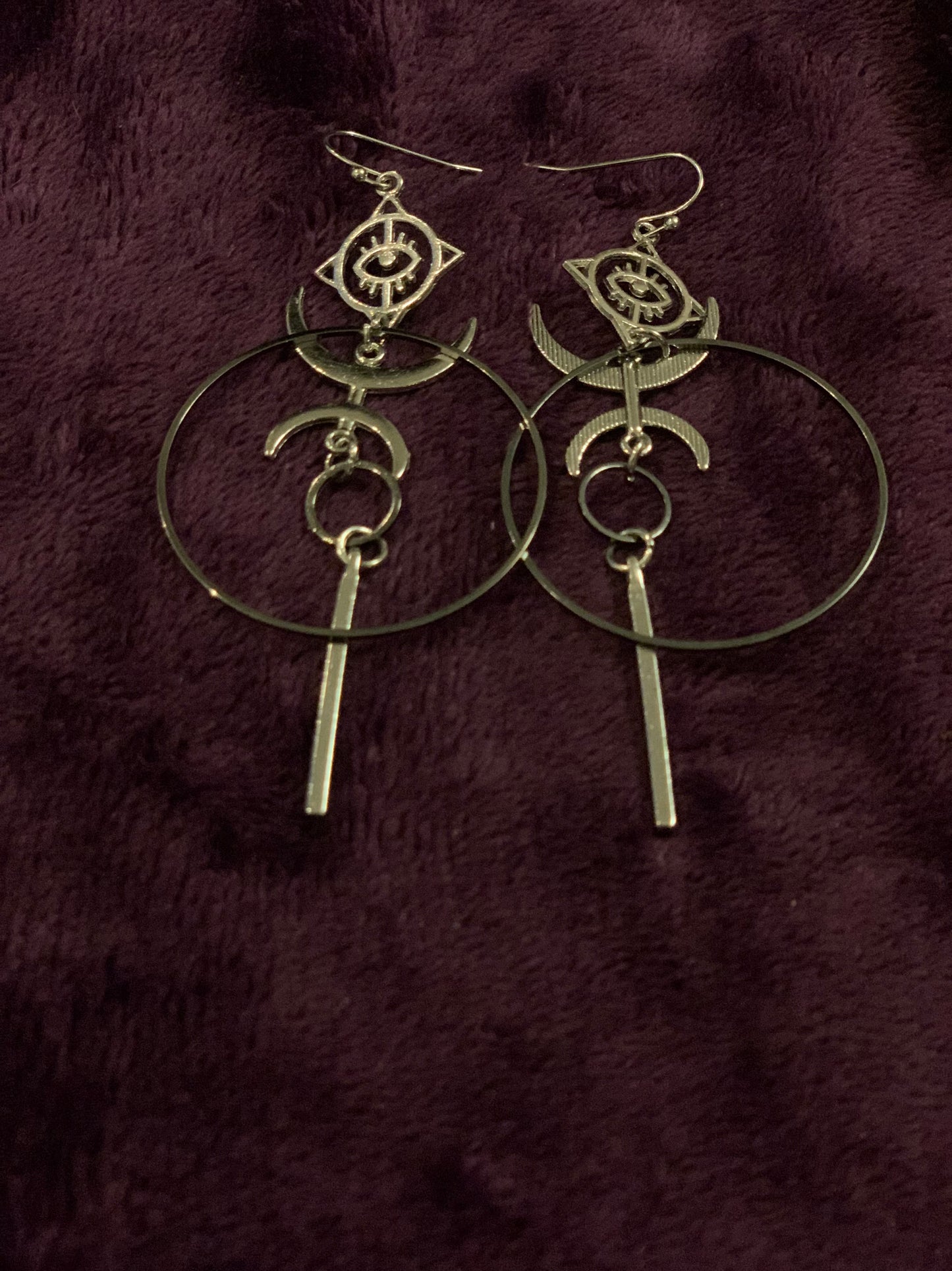 All seeing eye / evil eye hoop earrings with double crescent moon