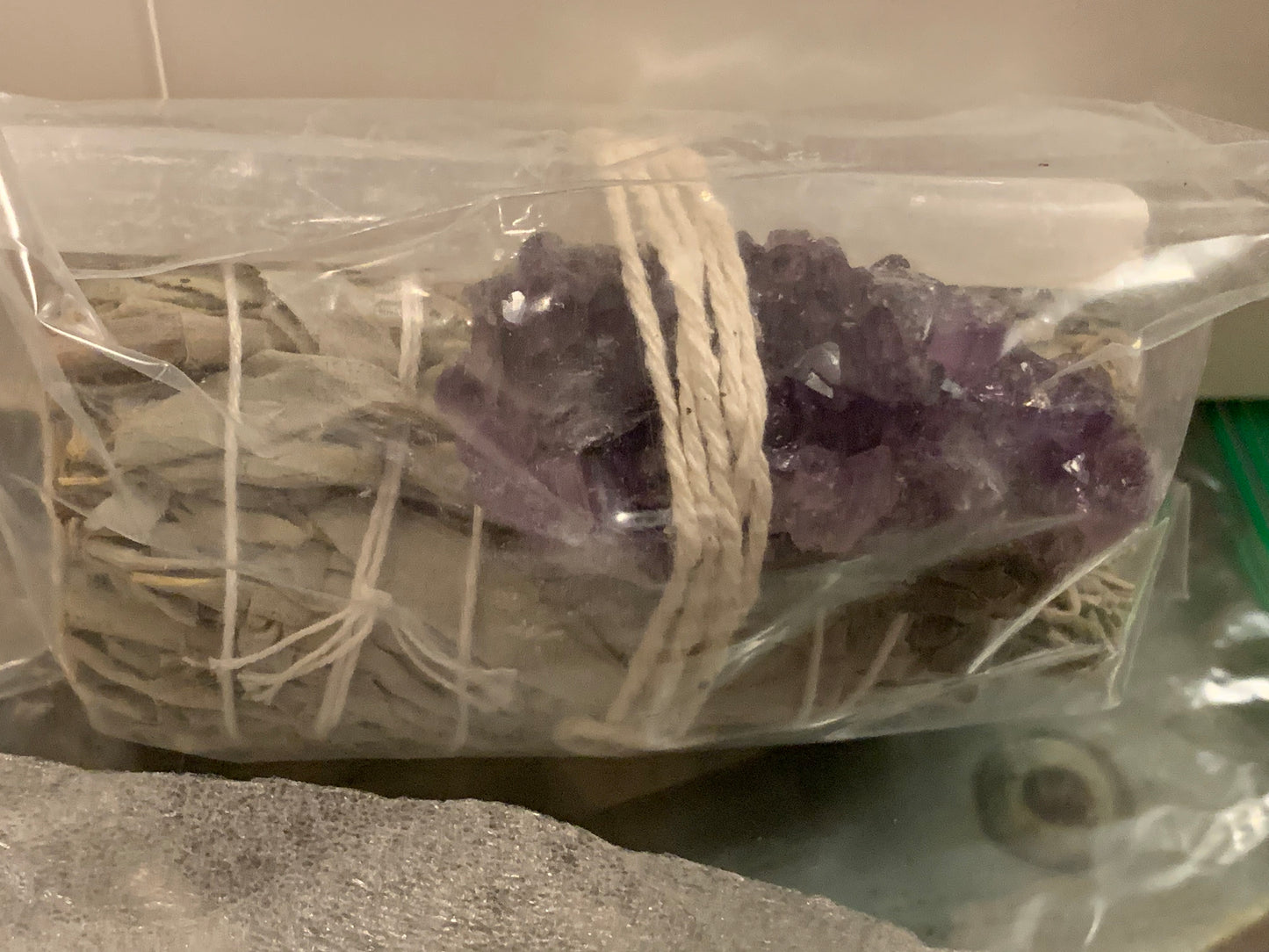 White sage, selenite stick and amethyst cluster bundle