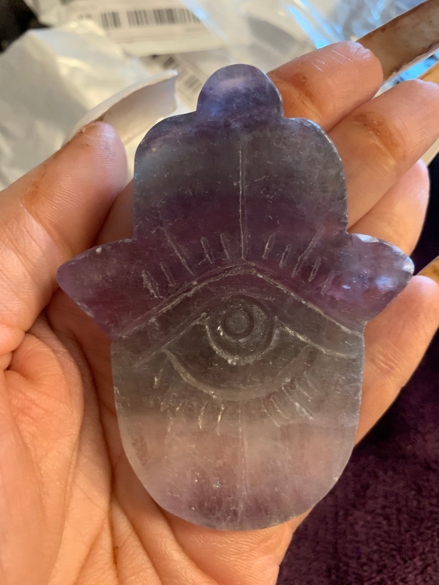 Purple Flourite Hamsa Hand with Evil Eye Carving