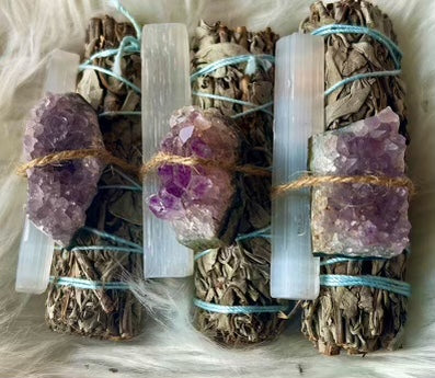 White sage, selenite stick and amethyst cluster bundle