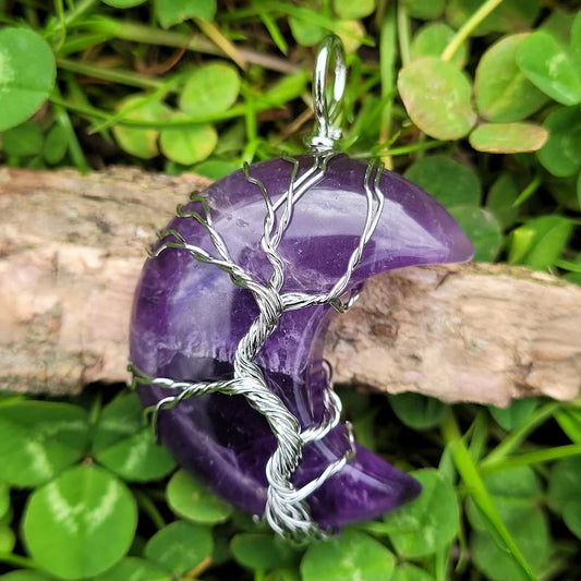 Amethyst Wrapped Silver Wire Moon Pendant