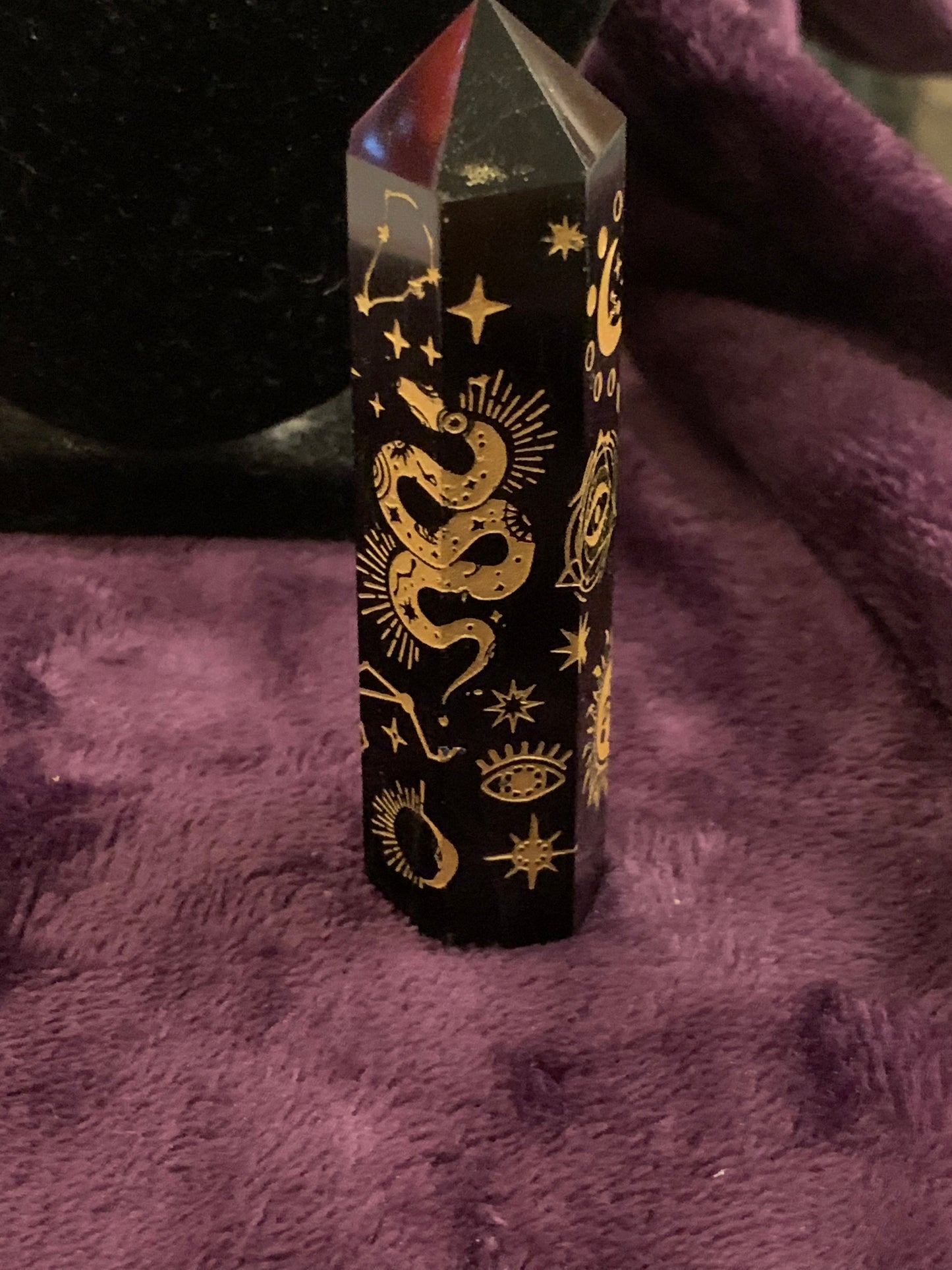 Black Obsidian Tower Golden Engraved Etched