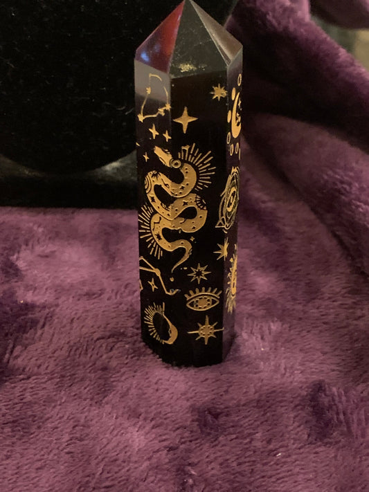 Black Obsidian Tower Golden Engraved Etched