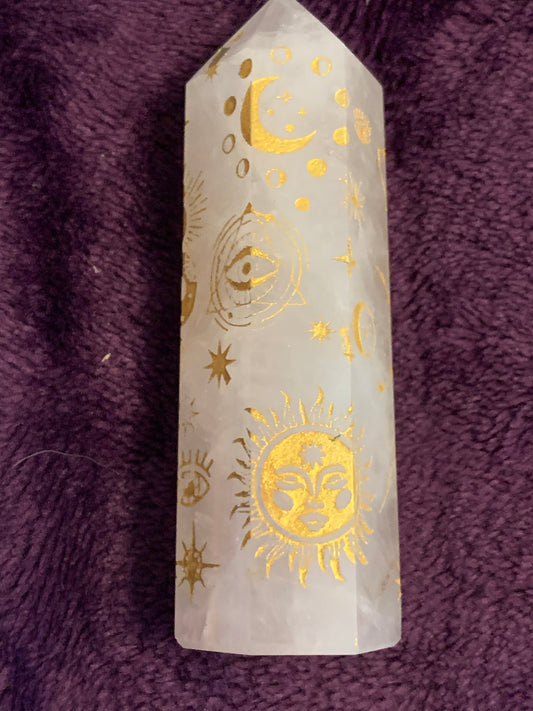 Clear Quartz Tower with Gold Evil Eye and sun etching