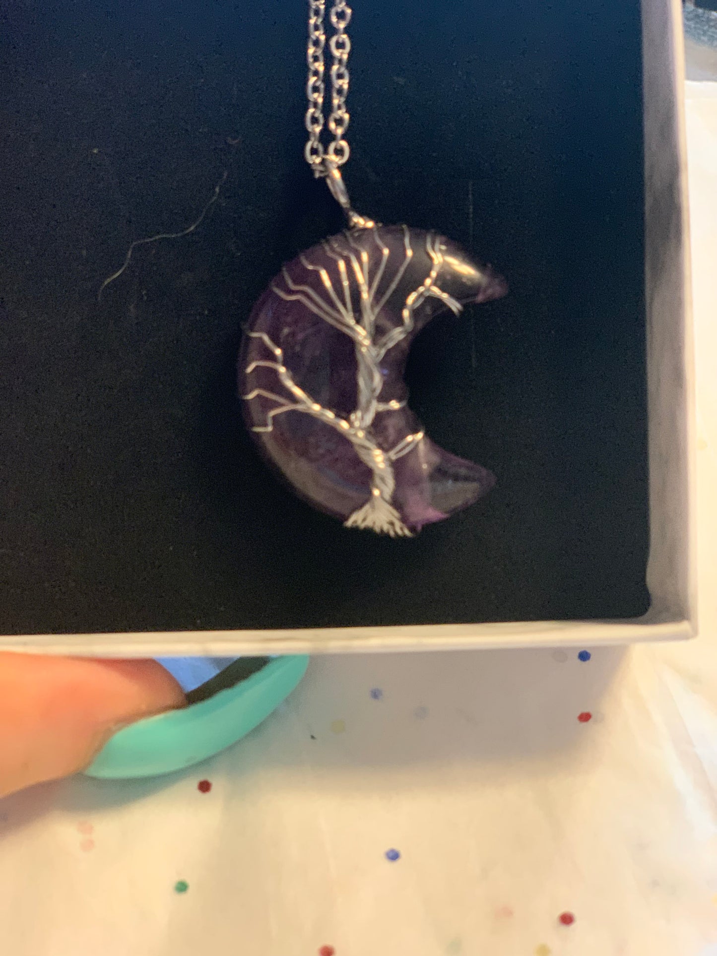 Amethyst Wrapped Silver Wire Moon Pendant