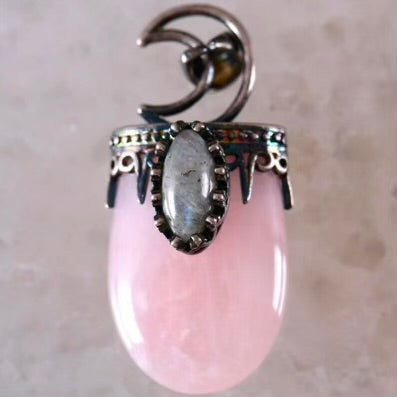 Rose Quartz / Labordarite Moon Pendant
