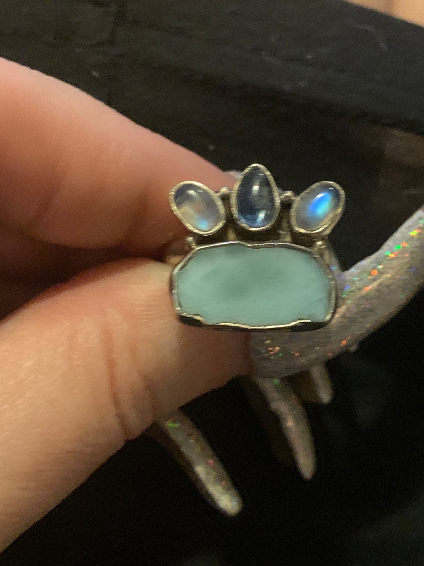 Larimar , Rainbow Moonstone and Labradorite Ring