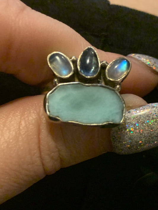 Larimar , Rainbow Moonstone and Labradorite Ring